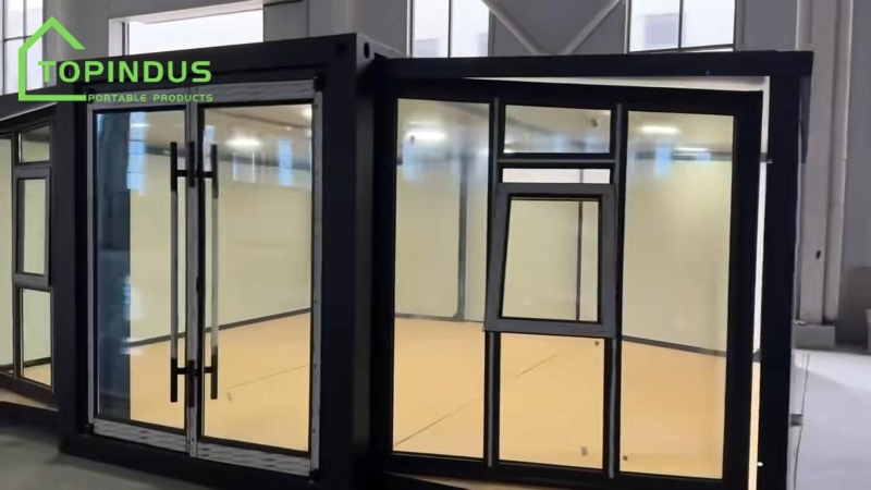 Nhà container có thể mở rộng với tường kính từ sàn đến trần.